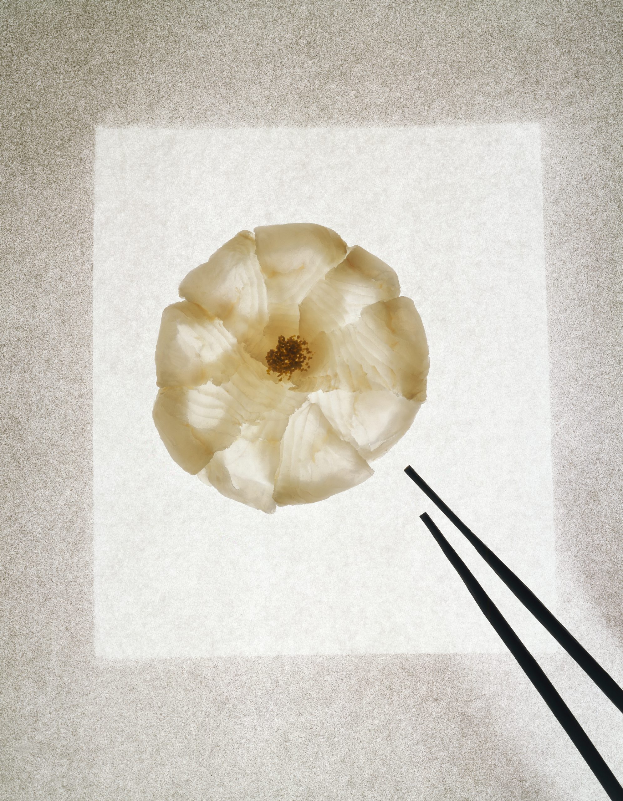 3 finely cut turbot slices and chopsticks on a patterned ground