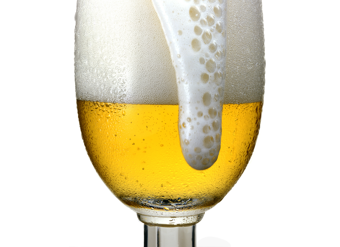 close up of a cold glass of lager with the head spilling over